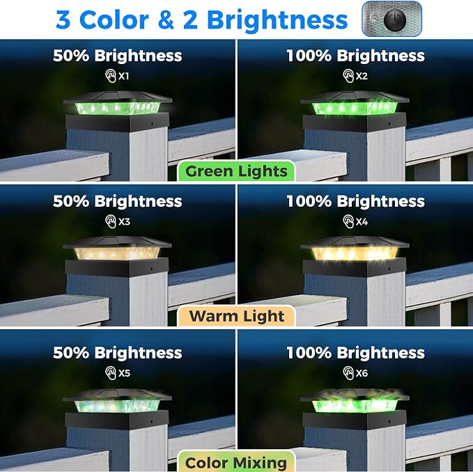 4x4 Solar Post Lights Outdoor, 4 Packs Green & Warm White LED Fence Caps Light Waterproof, Wood & Vinyl Post Top Lighting for Deck Mailbox Railing Porch Outside
