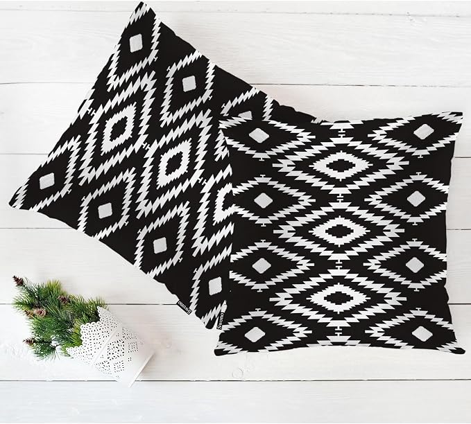 Swono Geometric Throw Pillow Cases, Navajo Style Trial Black White Zigzag Set of 2 Decorative Throw Pillow Cover, Square Pillow Cushion Case Home Decor for Sofa Couch Bed Car 18x18 Inches