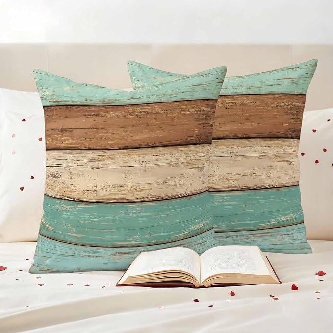 Farmhouse Teal Blue Brown Outdoor Waterproof Pillow Covers, Vintage Wooden Striped Decorative Square Throw Pillowcase Sofa Cushion Sham for Patio/Couch/Chair, 20"x20" 2 Pack