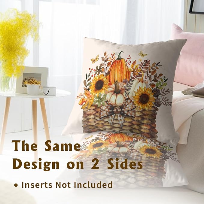 Farmhouse Fall Throw Pillow Covers Set of 2-20x20 Inch Pumpkin Sunflower Floral Leaves Basket Cotton Square Pillowcases for Sofa Bed Couch Porch Porch Garden Chairs Home Decor