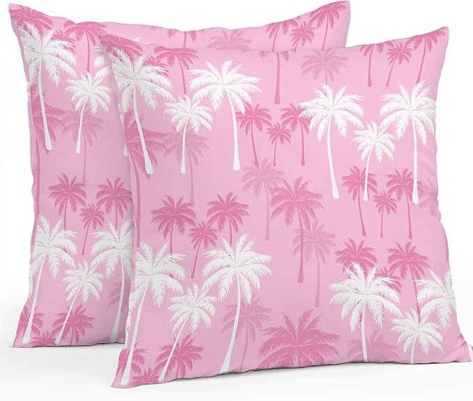 Throw Pillow Covers 24x24 Inch Set of 2, Tropical Palm Tree Waterproof Outdoor Pillow Covers, Magenta Pink Plants Coastal Leaf Beach Decorative Cushion Pillowcases for Couch, Sofa, Bed, Garden, Patio