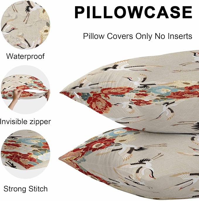 Japanese Style Outdoor Pillow Covers 16x16 Inch Throw Pillow Covers Set of 2 Waterproof Decorative Pillow Cases Country Vintage Blossom Peony Birds Cushion Covers for Patio Furniture Garden Couch Sofa