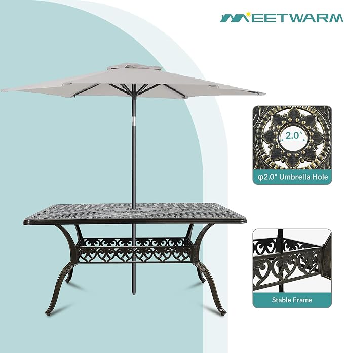 MEETWARM 7-Piece Outdoor Furniture Dining Set, All Weather Cast Aluminum Patio Garden Set with 6 Chairs, 1 Rectangular Table, 2" Umbrella Hole, Dark Bronze
