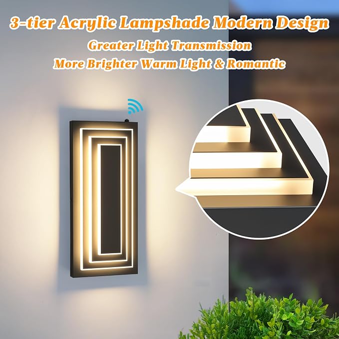 Dawn to Dusk Outdoor Light Fixture,Exterior Wall Light,15.7 in,24 W | 3-Tier Black Modern Outdoor Wall Sconce,Outdoor Lights For House,Front Door, Patio, Waterproof, LED 3000K Warm White, 2 Packs