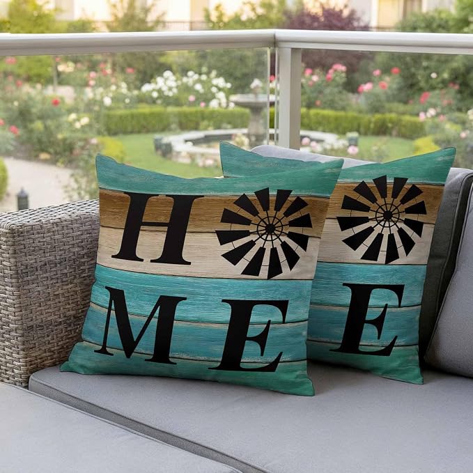 Outdoor Pillow Covers Set of 2, Home Farm Retro Wood Board Decorative Throw Pillow Covers 18X18IN, Teal Gradient Wooden Throw Pillows Protector Cushion Case for Patio,Couch,Sofa,Garden