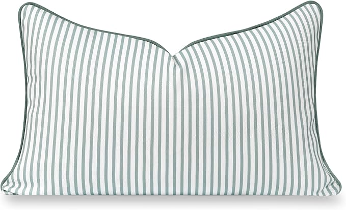 Hofdeco Premium Coastal Grandmillennial Patio Indoor Outdoor Lumbar Pillow Cover Only, 12"x20" Water Repellent for Backyard, Couch, Poolside, Celadon Green Print Stripes