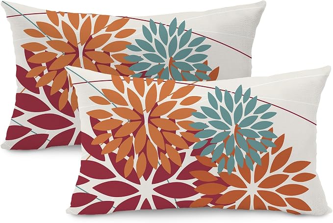 DFXSZ Pack of 2 Outdoor Waterproof Throw Pillow Covers 12x20 Burnt Orange | Polyester Spring Summer Fall Floral Decorative Cushion Cases(NO INSERT),For Couch Patio Funiture Garden Home Decor