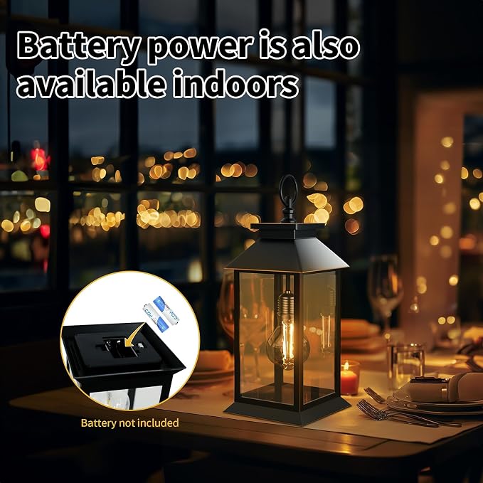 2 Pack Solar Lanterns Outdoor, Hanging Glass Solar Lights Waterproof, Dual Power Solar & 2*AA Battery, for Porch, Patio, Yard and Indoor Table or Mantel