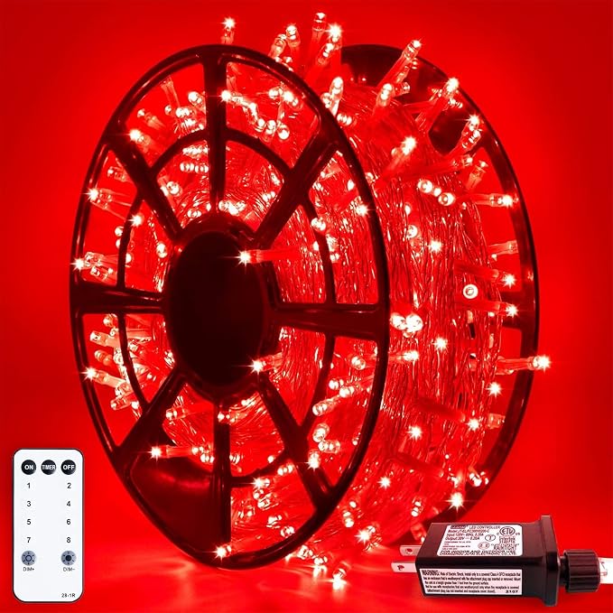 JMEXSUSS 163 FT 500 LED Red Halloween String Lights Indoor Outdoor | Clear Wire Red Lights Plug in, 8 Modes Christmas String Lights Outdoor Waterproof for Xmas Tree Bedroom Room Halloween