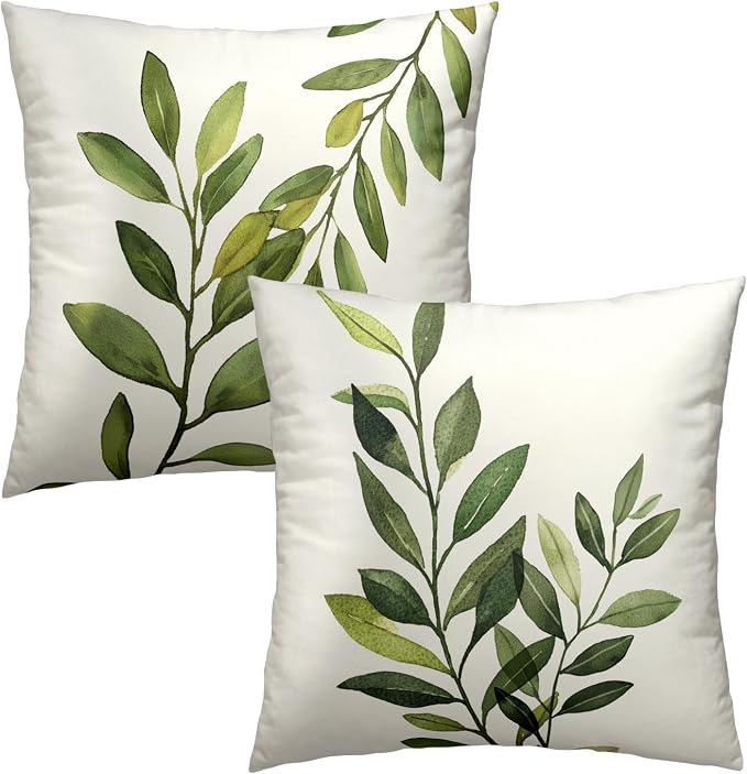 Sage Green Leaf Pillow Covers Set of 2, 20x20 Inch Rustic Spring Summer Plants Leaves Print Square Pillowcases for Living Room Bedroom Sofa Couch Patio Outdoor Home Decor