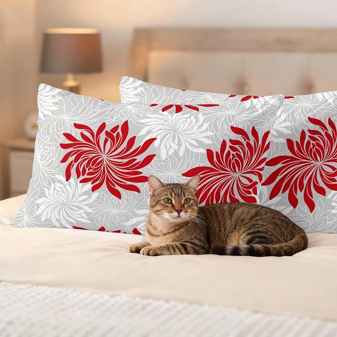 Red Grey Floral Outdoor Pillow Covers Set of 2 Vintage Red White Grey Flower Waterproof Throw Pillow Cover Decorative Cushion Cases for Patio Porch Garden 20X12 Inch