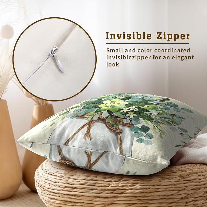 Sage Green Leaves Pillow Covers 22x22 in Set of 2, Watercolor Eucalyptus Leaf Branches Plant Decorative Cushion Cover Pillowcase for Couch Sofa Holiday Home Decor