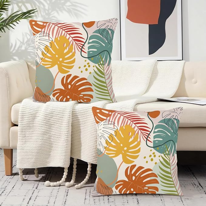 Abstract Tropical Pillow Covers Colorful Tropical Monstera Palm Tree Leaves Throw Pillow Covers Summer Boho Pillowcase 22x22 Set of 2 Neutral Cushion Case for Couch Sofa