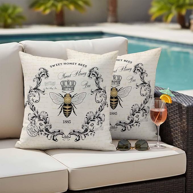 Outdoor Waterproof Throw Pillow Covers Set of 2 Sweet Honey Bees Pillowcases 16x16 Inches Floral Crown Wreath Vintage Decorative Pillows Cushion Case Patio Pillows for Couch Bed Chair Garden
