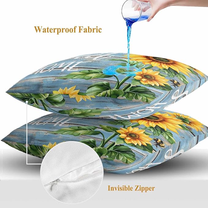 Throw Pillow Covers 16x16 Inch Set of 2, Spring Sunflower Waterproof Outdoor Pillow Covers, Bee Wooden Grain Country Rustic Decorative Cushion Pillowcases for Couch, Sofa, Bed, Garden, Patio