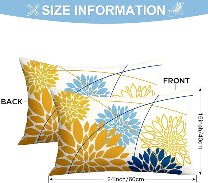 OTOSTAR Outdoor Golden Light Blue Pillow Covers 16x24 Inch Set of 2 Dark Blue Flower Throw Pillows Geometric Dahlia Floral Lumbar Cushion Case Waterproof Decor for Sofa Patio Funiture Garden