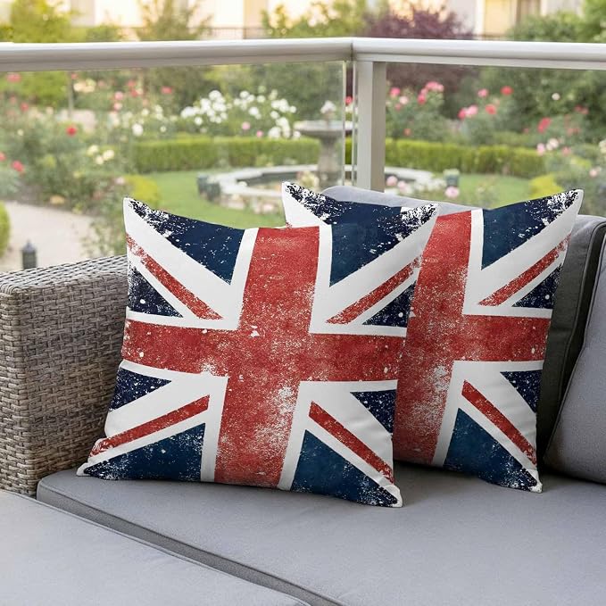 4th of July Outdoor Throw Pillows Covers 20x20 inch Set of 2 Waterproof British Flag Decorative Zippered Cushion Covers for Patio Furniture, Vintage Mottled National Flag Lumbar Pillowcases