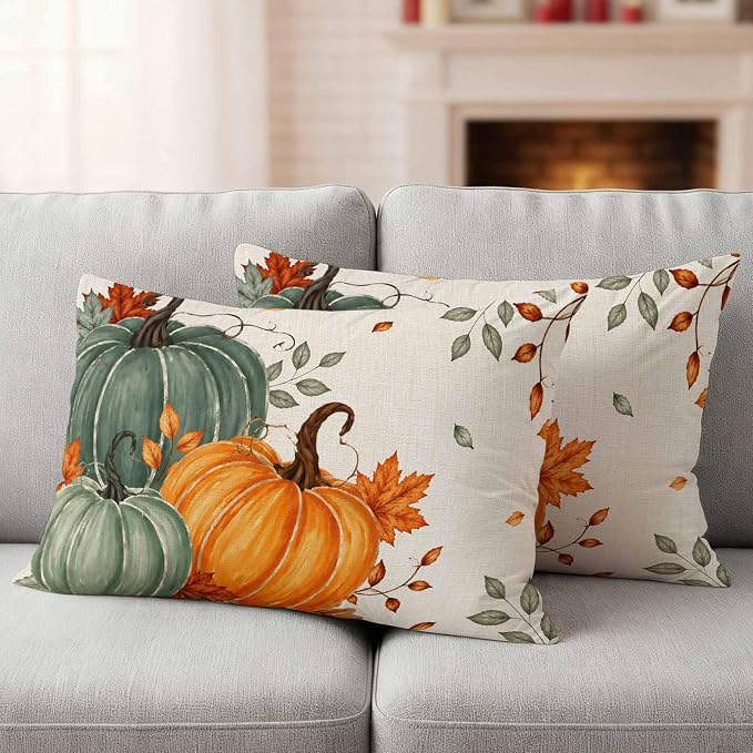 Green Orange Fall Waterproof Outdoor Pillow Covers 20''x12'' Set of 2, Maple Leaves Thanksgiving Patio Furniture Cushion Covers for Chairs,Decorative Farmhouse Beige Pillow Cases for Garden/Pool/Beach