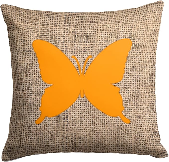 Caroline's Treasures BB1046-BL-OR-PW1414 Butterfly Burlap and Orange BB1046 Fabric Decorative Pillow Machine Washable, Indoor Outdoor Decorative Pillow for Couch, Bed or Patio, 14Hx14W