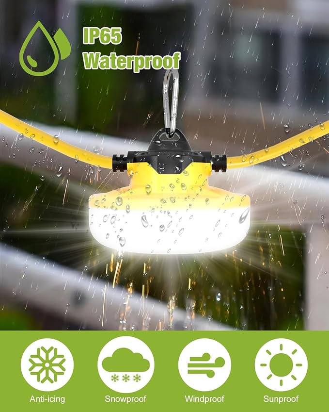YXL 130W 16000LM Construction String Lights Temp Lighting 100FT Industrial LED Work String Lights, IP65 Waterproof, Super Bright for Construction Sites Temporary Work Jobsites Outdoor Lighting