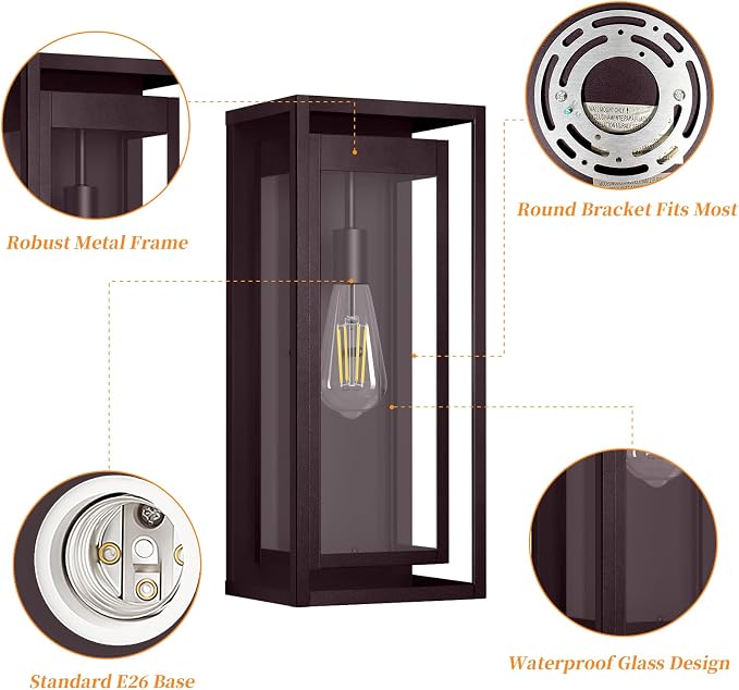 19" Bronze Outdoor Light Fixture, 2 Pack Large Size Outdoor Sconce Lights with Clear Glass Shade, Waterproof Porch Lighting Exterior Light Fixture for Front Door, Garage