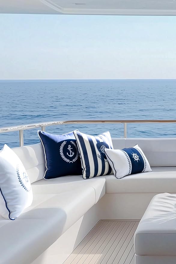 Hofdeco Premium Coastal Outdoor Performance Lumbar Pillow Cover Only, 12"x20" Water Repellent, UV and Fade Resistant for Backyard, Couch, Poolside, Navy Blue Embroidered Nautical Yacht Wheel