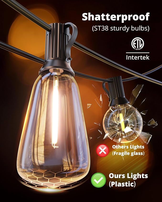 VIPAR Outdoor String Lights,100FT LED Patio Lights Waterproof 52 ST38 Bulbs | Shatterproof,Edison Outside Lights,Plug-In,2700K Dimmable, Connectable, Hanging Light for Porch Garden Backyard Deck Balcony