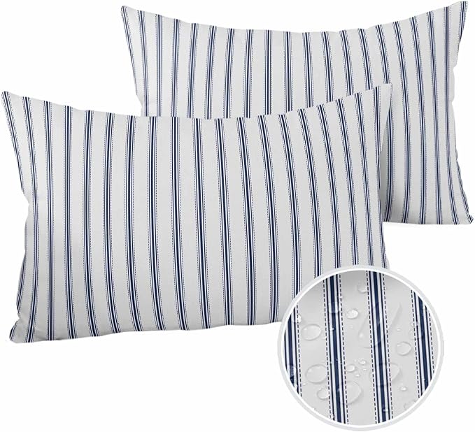 Outdoor Waterproof Throw Pillow Covers Set of 2 Blue Stripe Lumbar Pillowcases 20x12 Inches Vertical Striped Patio Decorative Pillows Cushion Case Patio Pillows for Couch Bed Chair Garden