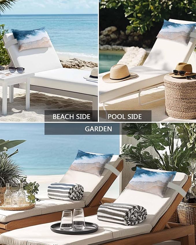 Chaise Lounge Head Pillows,Coastal Ocean Wave Beach Theme Lumbar Pillow for Patio Beach Pool Outdoor Waterproof Patio Throw Pillows Abstract Blue White Stripe