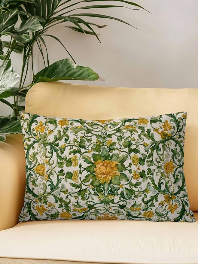 Outdoor Pillows with Inserts 12x20, Yellow Green Boho Waterproof Outdoor/Indoor Throw Pillows, Classic Floral Farmhouse Botanical Decorative Pillow for Bed Couch Sofa Patio Furniture