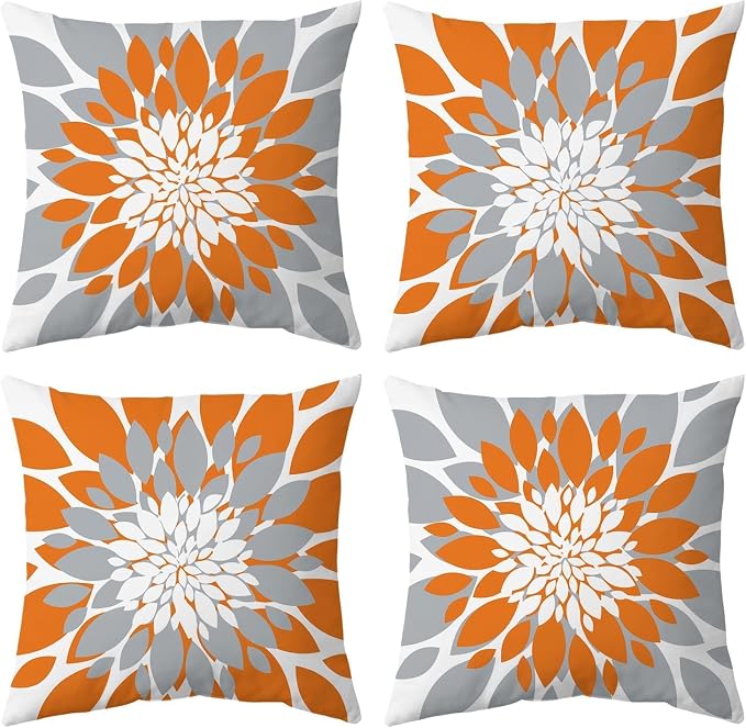 Pack of 4 Fall Outdoor Waterproof Pillow Covers 18x18 Decorative Outdoor Throw Pillows Garden Square Cushion Cases for Patio Furniture, Couch, Tent Sunbrella, Bench, Orange Grey