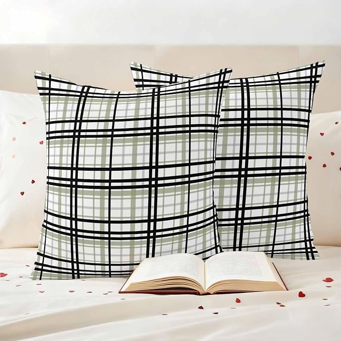 Abstract Stripes Outdoor Pillow Covers Set of 2 Sage Green Black Grey Plaid Waterproof Throw Pillow Cover Decorative Cushion Cases for Patio Porch Garden 16X16 Inch
