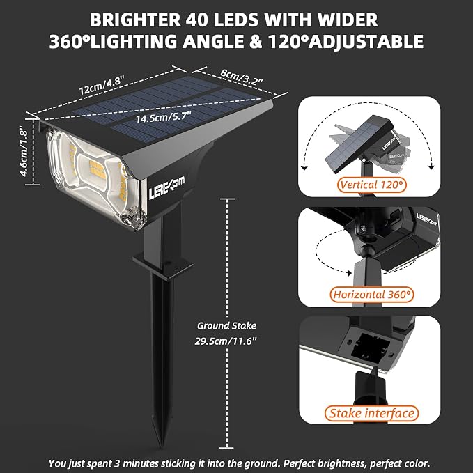 LEREKAM 3 Brightness Modes Solar Outdoor Lights with Super Bright 40LEDs, 360 Adjustable Lighting Angle, USB Charging, Longer Working Time, Waterproof, Patio, Porch, Driveway