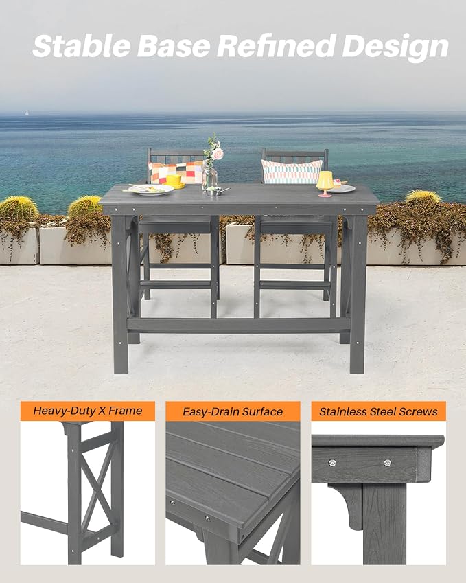 5-Piece HDPE Patio Bar Set, Rectangular Bar Height Table and 4 Adirondack Bar Chairs, Weatherproof Outdoor Bar Stools Set, Outdoor Bar Table and Chairs Set for Deck, Balcony, Pool, Smoke Gray