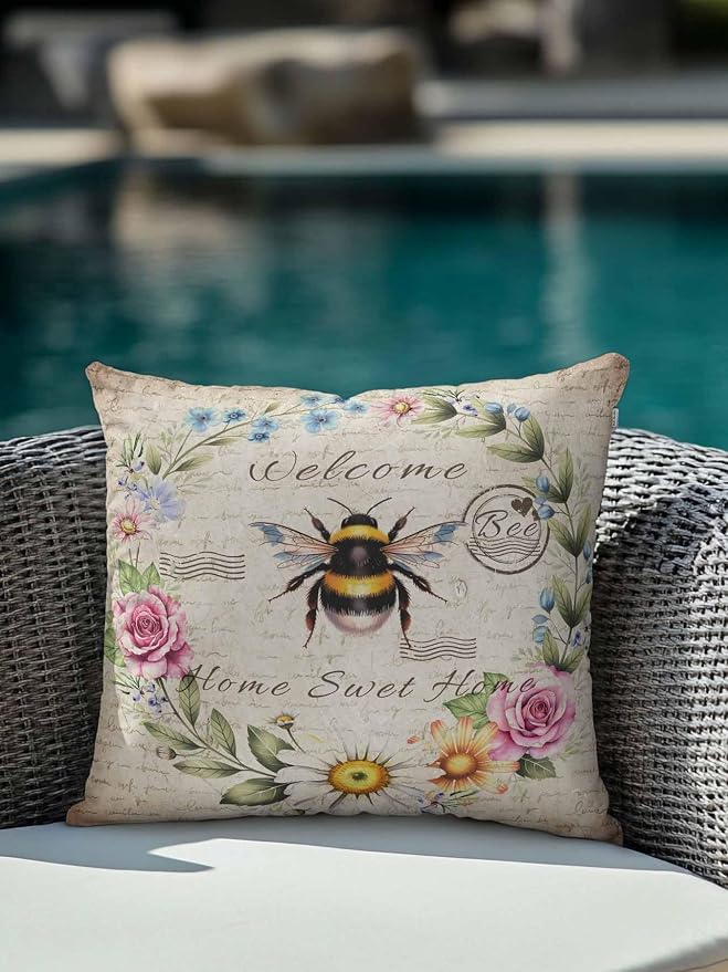 Outdoor Waterproof Throw Pillows Farmhouse Flower Leaf Wreath Patio Pillows,Decorative Pillow Covers with Insert,Pillow Cushion Case for Garden Couch Sofa Rustic Bee Retro Letter