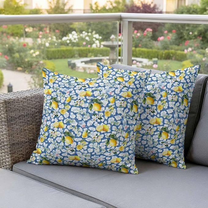 Yukro Summer Lemon Outdoor Waterproof Pillow Covers Pack of 2, Yellow Fruit White Flowers Country Plant Blue Throw Pillowcases Decorative Cushion Covers for Garden Patio Tent Sofa Couch, 20x20 inch