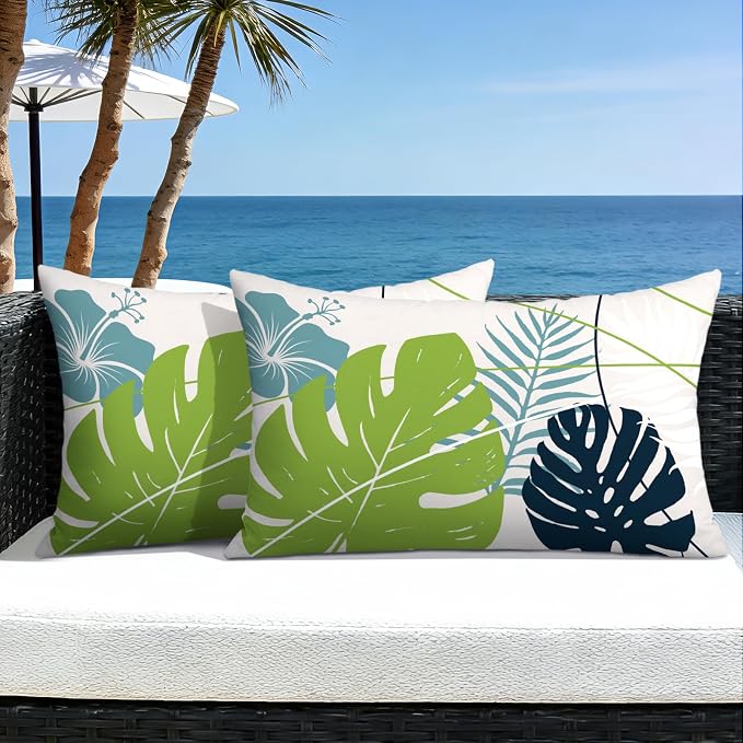 OTOSTAR Outdoor Waterproof Throw Pillow Covers 12x20 Inch Set of 2 Double-Sided Light Green Blue Tropical Leaf and Flower Spring Summer Decorative Pillow Cases for Patio Funiture Garden Balcony Couch