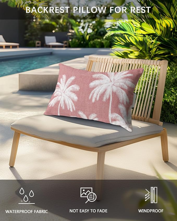 Pack of 4 Outdoor Lumbar Pillow Covers 12x20 Inch, Pink Palm Trees Waterproof Throw Pillow Covers Set, Farmhouse Tropical Summer Beach Indoor&Outdoor Decorative Cushion Cases for Patio Porch Car