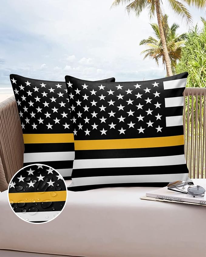 Outdoor Waterproof Pillow Covers Set of 2, Thin Gold Line Dispatchers Dispatch Communications Officer American Flag Patio Throw Pillow Covers, Decorative Cushion Case for Sofa Furniture, 24x24 Inch