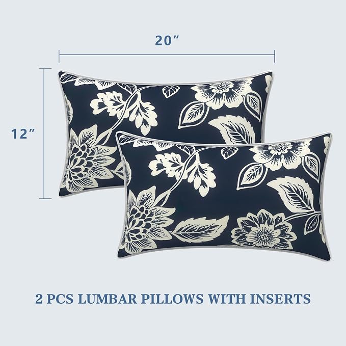 LVTXIII 2 Pack Outdoor Lumbar Pillows 12x20 Inch with White Piping, Fade Resistant Support Throw Pillows with Inserts for Patio Furniture, Sofa, Chair, Elegant Vines Navy