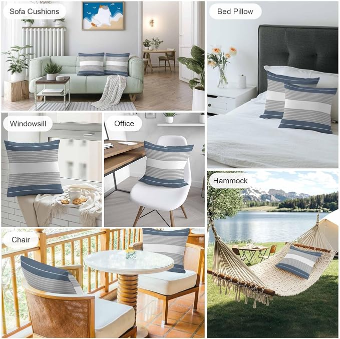 Haze Blue Grey Stripe Outdoor Pillow Covers Waterproof, All Weather Cushion Case Set of 2, Modern Art Horizontal Striped Decorative Pillowcases for Sofa Couch Bed Decor Patio Furniture 18"x18"