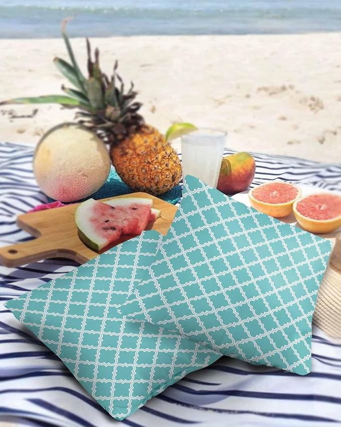 Outdoor Waterproof Pillow Covers for Patio Moroccan Pattern Decorative Throw Pillow Cover Geometric Trellis Cyan Blue Pillowcases Set of 2 Cushion Case for Sofa Couch Chair Home Decor 16x16 inch