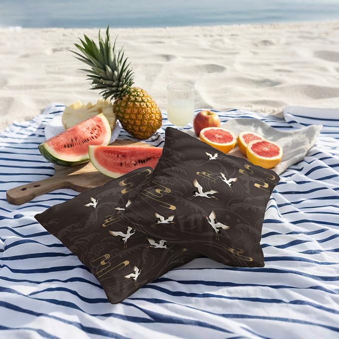 Japanese Style Outdoor Pillow Covers 24x24 Inch Throw Pillow Covers Set of 2 Waterproof Decorative Pillow Cases Vintage Cranes Ocean Wave Black Grey Cushion Covers for Patio Furniture Garden Couch