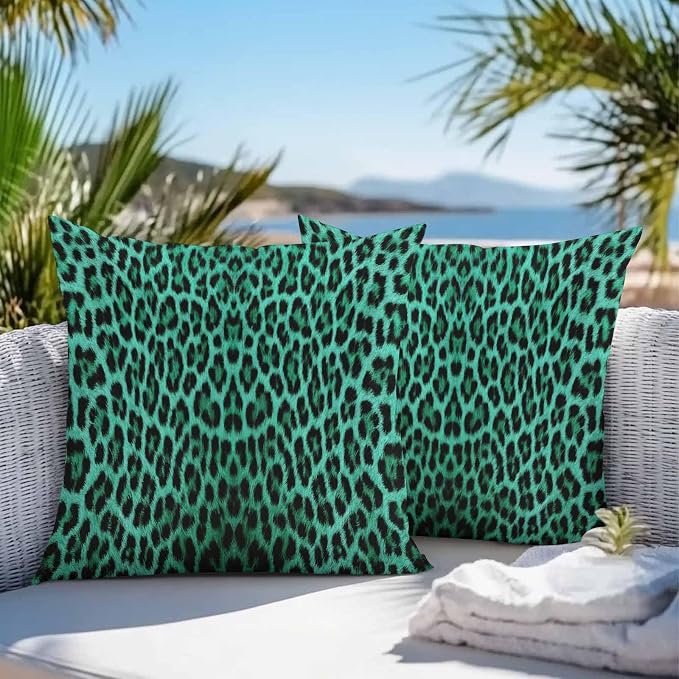 Vandarllin Outdoor Throw Pillows Covers 16x16 inch Set of 2 Waterproof Green Leopard Print Decorative Zippered Cushion Covers for Patio Furniture, Retro Animal Fur Pattern Lumbar Pillowcases