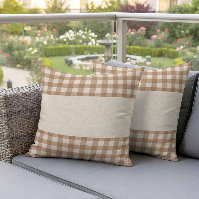 Retro Brown Outdoor Waterproof Pillow Covers, Farmhouse Buffalo Plaid Vintage Beige Decorative Square Throw Pillowcase Sofa Cushion Sham for Patio/Couch/Chair, 24"x24" 2 Pack