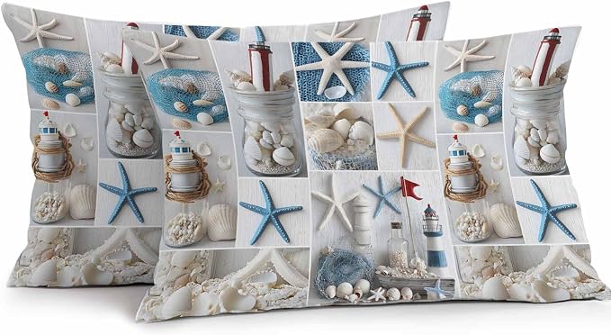 Summer Coastal Grid Outdoor Throw Pillow Cover Ocean Starfish Lighthouse Pearl Waterproof Cushion Covers 2 Pack Nautical Pillow Cases Home Decoration for Patio Garden Couch Sofa 20x12In