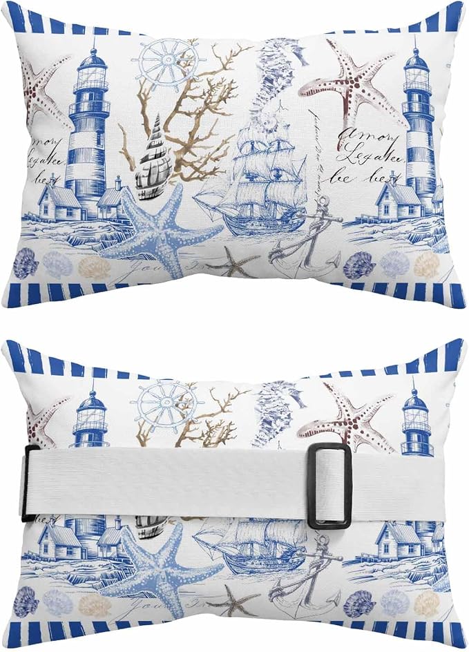Navy Blue Coastal Outdoor Lumbar Pillow Covers 12"x20" Set of 4, Decorative Throw Pillow Covers for Patio, Summer Nautical Lighthouse Starfish Waterproof Cushion Case for Pool Beach Chair
