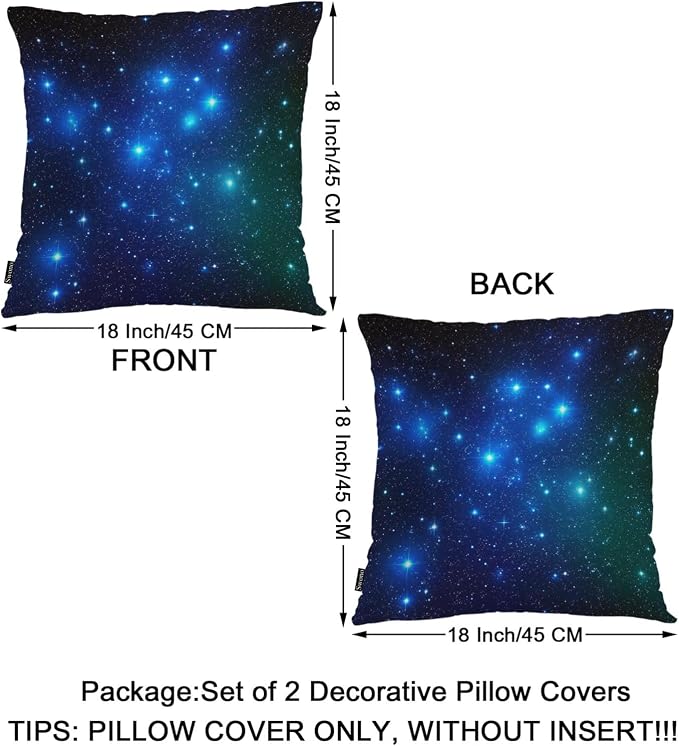 Swono Set of 2 Galaxy Stars Pillow Covers 18 X 18 Inch, Starry Night Glitter Stars Outer Space Square Decorative Throw Pillow Covers for Sofa Couch Bed,Outdoor Indoor Pillowcase Cushion Cover