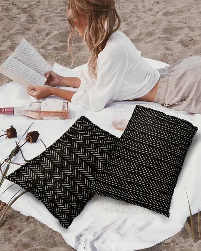 Black Gold Striped Outdoor Pillow Covers Waterproof,All Weather Cushion Case Set of 2 Lumbar Pillowcase for Sofa Couch Bed Decor Patio Furniture 20"x12" Boho Minimalist Geometric Bohemia