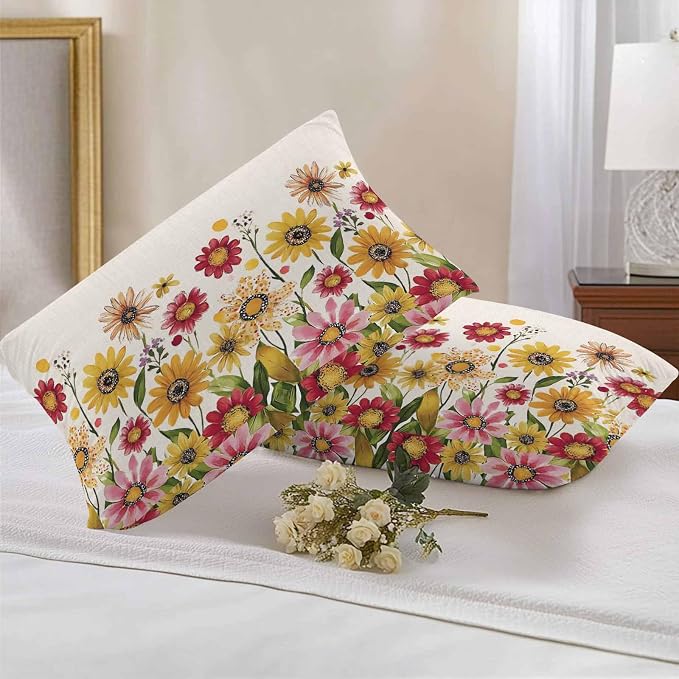Yellow Red Spring Floral Outdoor Waterproof Throw Pillow Covers 20x12 Set of 2, Pastoral Summer Flower Rustic Decorative Pillowcases Cushion Pillowcase for Couch Sofa Patio Outside Pillow Protector